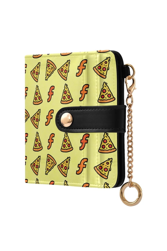 Pizza and The Letter F Small Wallet for Women RFID Blocking Bifold PU Leather Credit Card Holder with Zipper Coin Pocket Compact Cute Travel Purse Magnetic Snap 7 Card Slots