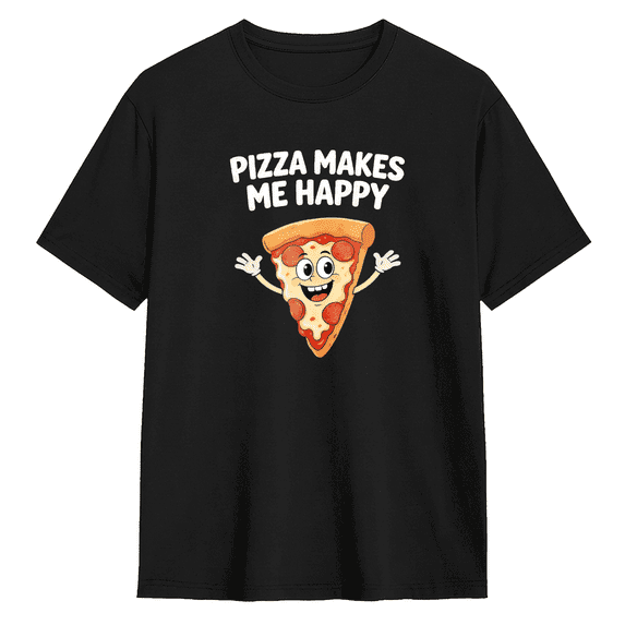 Pizza Makes Me Happy Retro Graphic Tee for Men and Women, Fun Party Cotton Short Sleeves T-Shirt