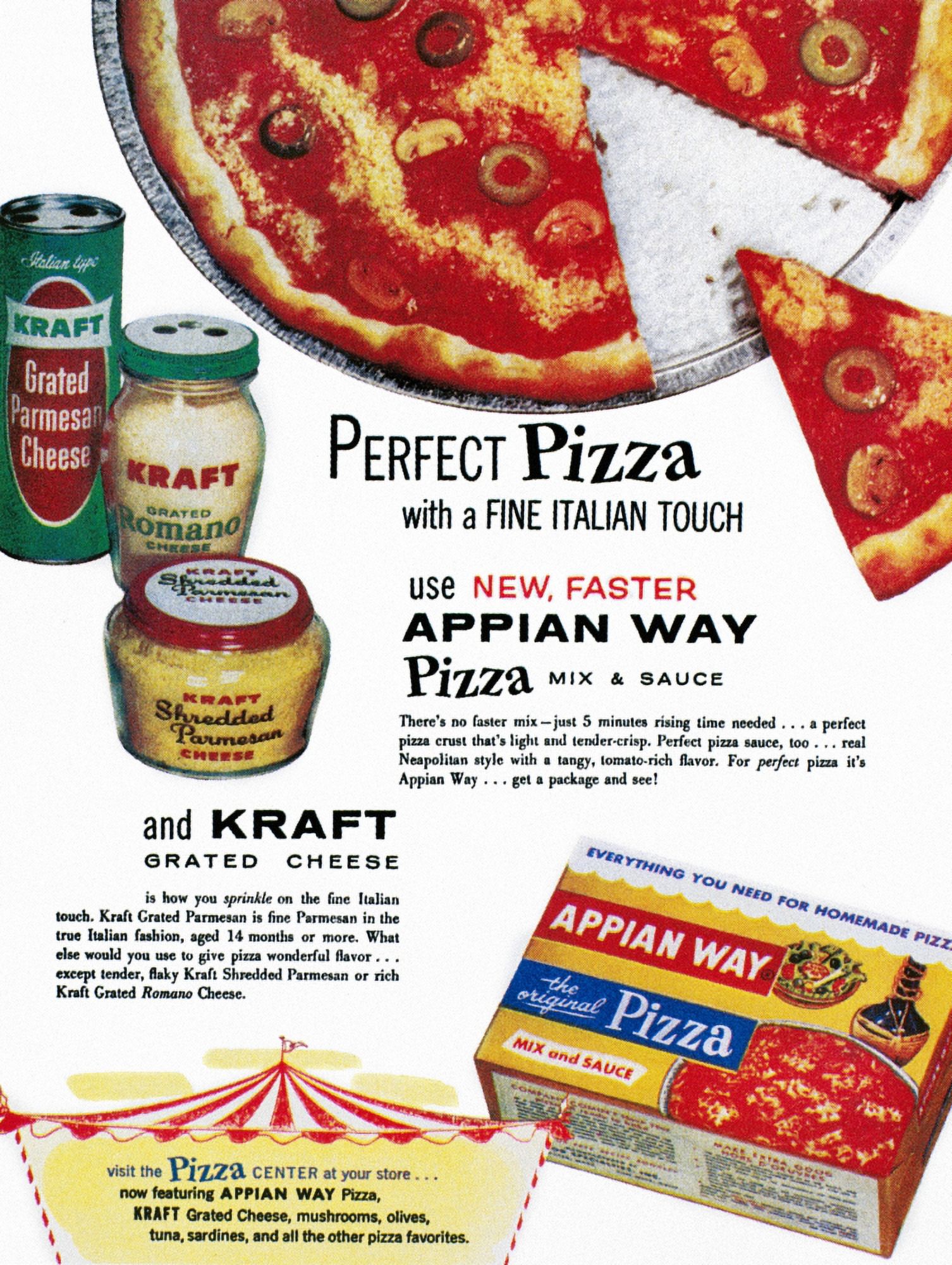 Pizza Mix Ad, 1960. /Nadvertisement For Kraft Grated Cheese And Appian Way Pizza Mix And Sauce, From An American Magazine, 1960. Poster Print by  (24 x 36) - image 1 of 1