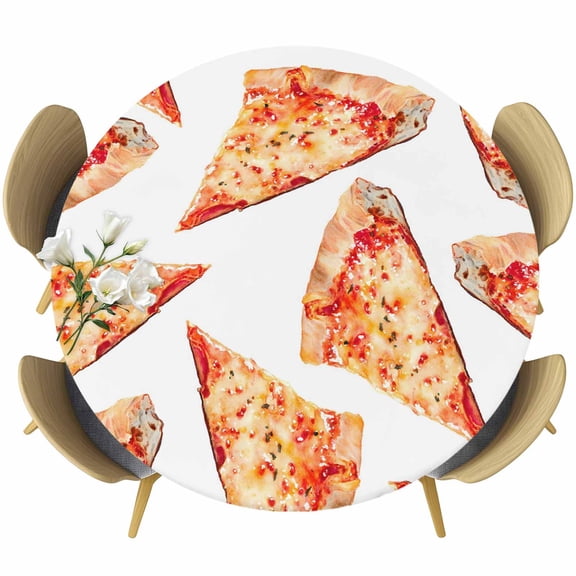 Pizza Modern Art Round Tablecloth 45-54 Inch Round Fitted Table Cloth with Elastic Edge, Farmhouse Art Yellow Waterproof Table Cover Protector for Outdoor Picnic Party Dining