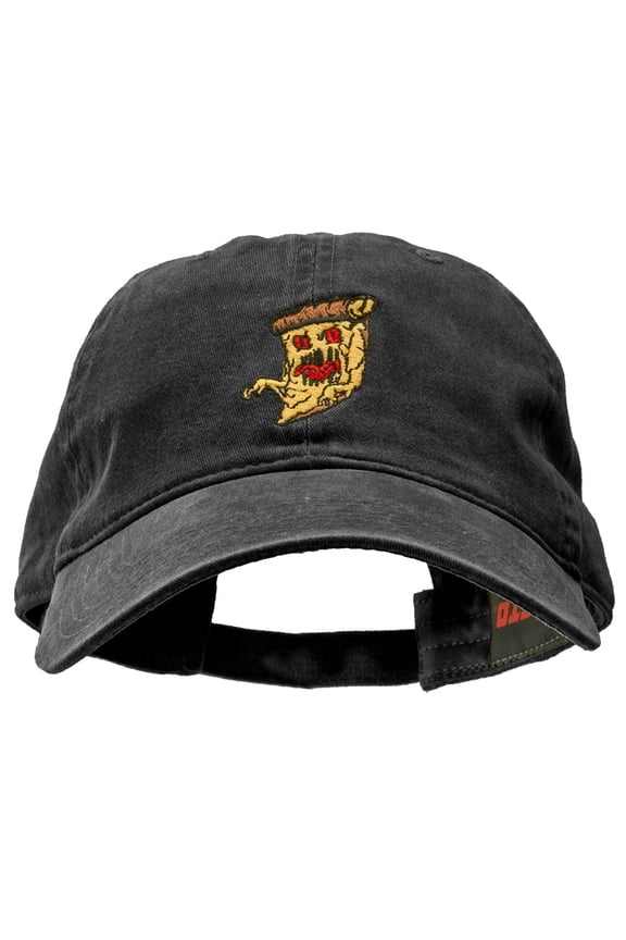 Pizza Monster Embroidered Washed Solid Pigment Dyed Twill Brass Buckle Cap - Black OSFM
