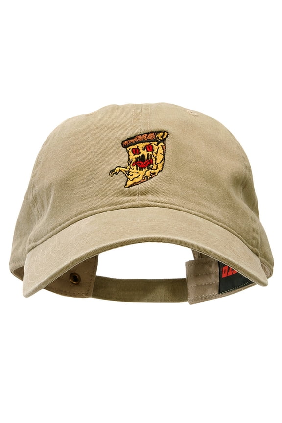 Pizza Monster Embroidered Washed Solid Pigment Dyed Twill Brass Buckle Cap - Khaki OSFM