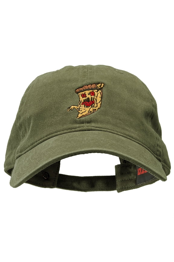 Pizza Monster Embroidered Washed Solid Pigment Dyed Twill Brass Buckle Cap - Olive OSFM