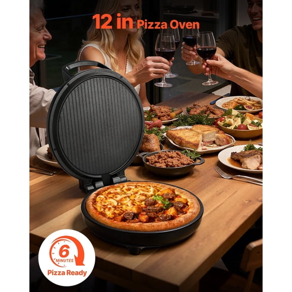 Pizza Oven,12 in Electric Pizza Maker,1200W Electric Pizzas Cooker with Non-Stick Coating,180 Open for Dual Side Baking,Heats up to 410 F,Multi-Function Cooking,for Pizzas,Barbecue