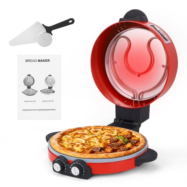 Pizza Oven 12" Visual Window Pizza Maker Machine 1800W Pizza Cooker For Kitchen Countertop Dual Temperature Control Up To 440 Degrees Celsius  Red