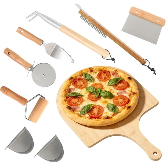 Pizza Oven Accessories Kit - Versatile Pizza Making Tools Kit for Home & Outdoor Ovens, Includes Pizza Peel, Oven Brush, Bubble Popper, Cutter Wheel, Pizza Spatula Server, Dough Roller & Scraper