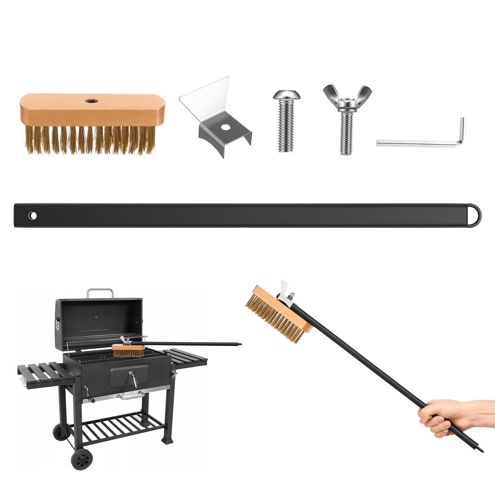 Pizza Oven Brush with Scraper, 21.85" Aluminum Alloy Long Handle Pizza Stone Cleaning Brush with Heat Resistant Brass Bristles, Professional Oven Cleaner Tool for Indoor & Outdoor Grills, BBQ, Black