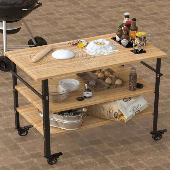 Pizza Oven Table, 3-Shelf Movable Outdoor Prep Table, 600lbs Capacity, Bamboo Wood Multifunctional Food Prep Worktable with Spice Holder on 4 Lockable Wheels, for 8"-16" Pizzas