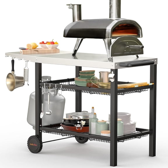 Pizza Oven Table Cart for Ooni, Ninja Woodfire, Griddle, Pizza Oven, Outdoor Stainless Steel Food Prep Table Movable Food Prep Cart Grill Stand with Storage Basket