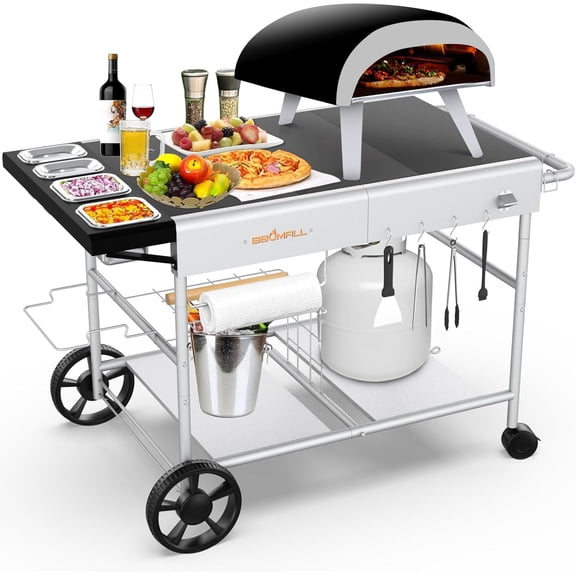 Pizza Oven Table Grill Cart with Pizza Topping Station Movable Food and Prep Workcart Outdoor Grill Table Stand for Grill, Barbecue Tool Set