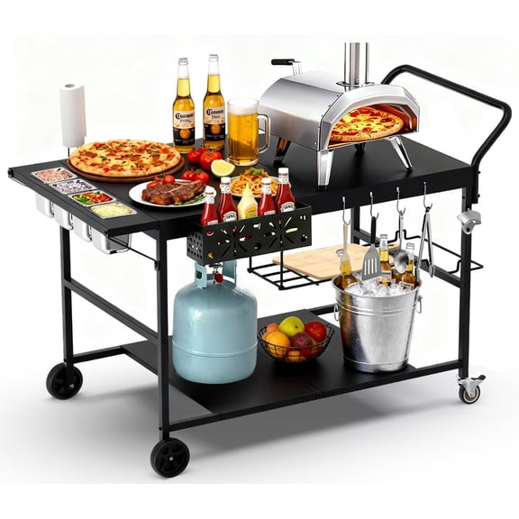 Pizza Oven Table with Topping Station, Outdoor Pizza Oven Cart, Grill Cart Table for Griddle, Pizza Prep Station with Storage & Seasoning Tray, for Ninja, Cuisinart, Gozney