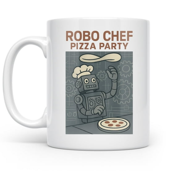 Pizza Party 11 oz Coffee Mug - Robot-Chef Illustration White Ceramic Gift