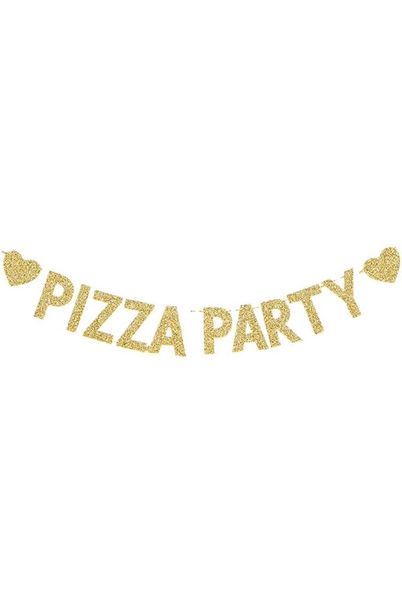Pizza Party Banner, Home Party/Fiesta/Birthday/Retirement/Italian Themed Party Decorations Gold Gliter Paper Sign
