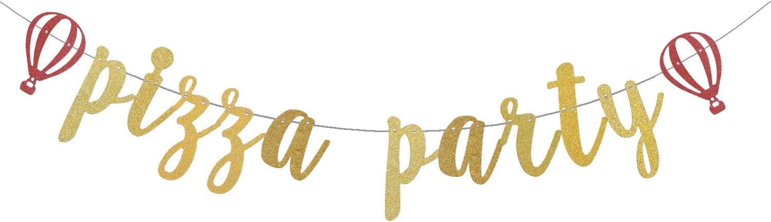 Pizza Party Banner,Pizza Party Time - Gold Gliter Baby Shower or Birthday Party Bunting Banner/Home Party/Fiesta/Birthday/Retirement/Italian Themed Party Decorations Paper Sign