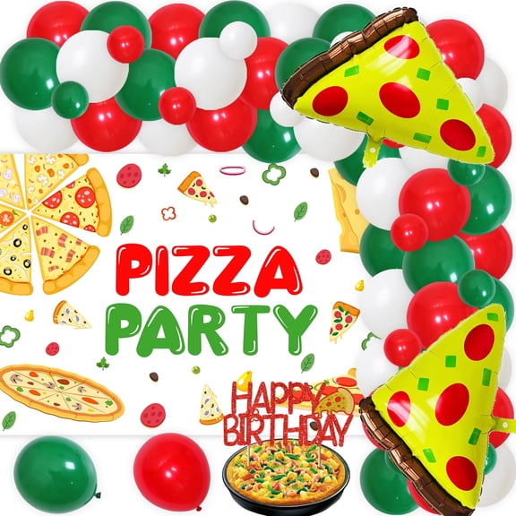 Pizza Party Decorations, Pizza Theme Birthday Party Supplies - Italy Pizza Theme Birthday Backdrop Balloon Arch Garland kit Cake Topper Pizza Foil Balloon for Baby Shower Birthday Party-70PCS