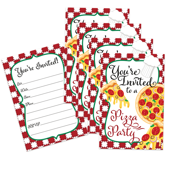 Pizza Party Italian Birthday Party Invites For Boys and Girls - 20 Count of 4 x 6 Inch Double Sided Fill-In Invitations With Wet To Seal Envelopes