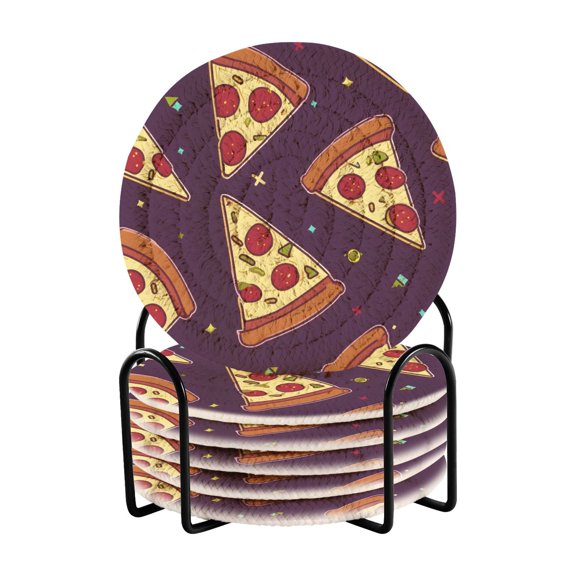 Pizza Pattern Bar Coasters 6 Pack Braided Coasters with Holder Absorbent Heat Resistant