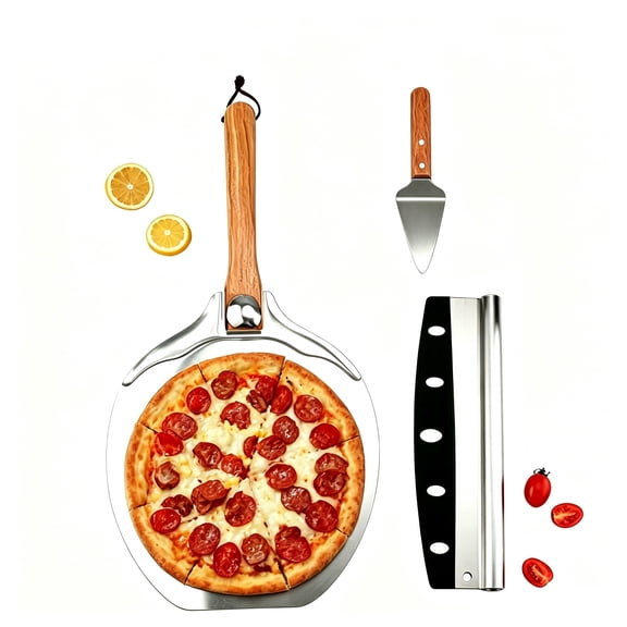 12 x 14 Inch Aluminum Pizza PeelMetal Pizza Spatula Set with Foldable Wooden Handle, Pizza Rocker Cutter, Pizza Server