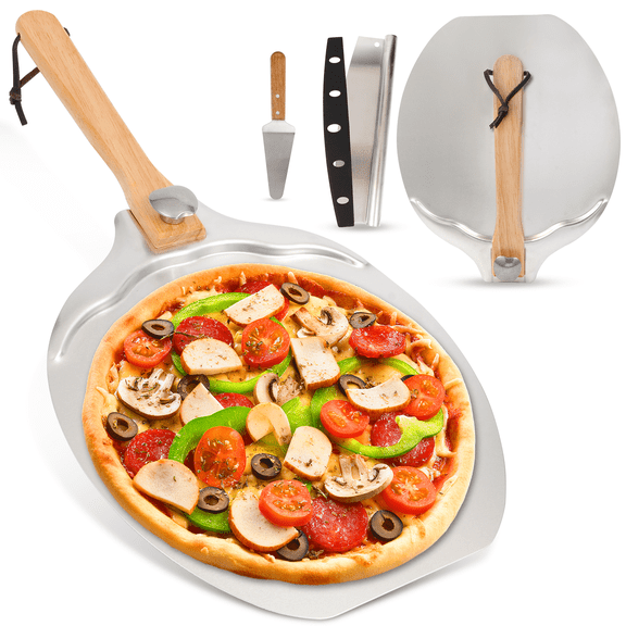 12 x 14 inch Aluminum Pizza Peel,Metal Pizza Spatula Set with Foldable Wooden Handle, Pizza Rocker Cutter, Pizza Server
