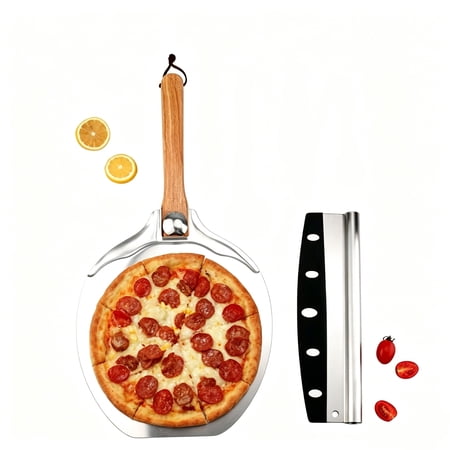 12 x 14 inch Aluminum Pizza Peel,Metal Pizza Spatula Set with Foldable Wooden Handle, Pizza Rocker Cutter