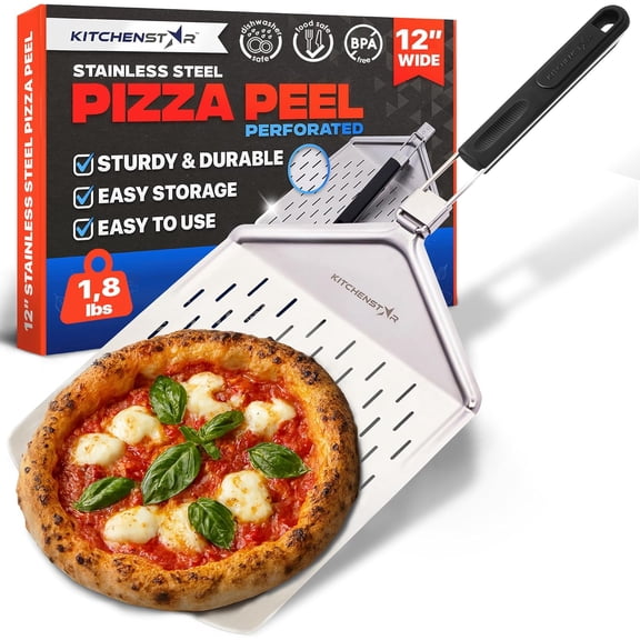 Pizza Peel with Folding Handle - Stainless Steel Spatula Paddle for Effortless Pizza Transfer & Easy Storrage - Outdoor Pizza Oven Accessories, 12 Inch, Silver Perforated