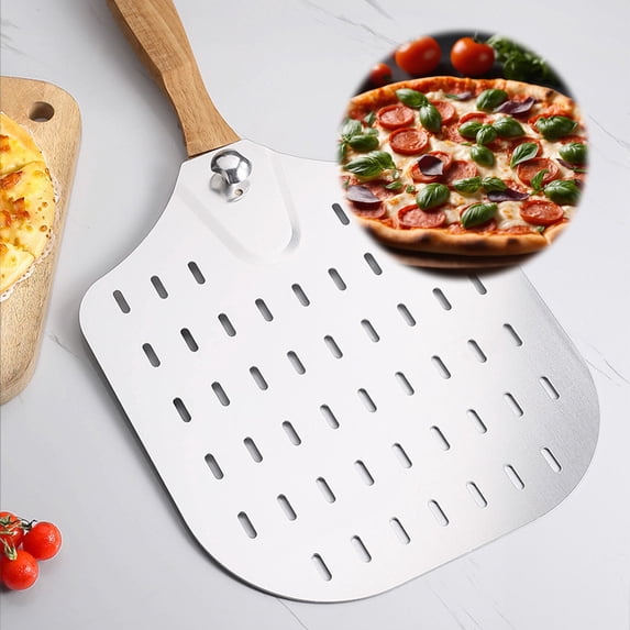 Pizza Peel Transfer Spatula, Stainless Steel Perforated Blade, Folding Aluminum Design, Solid Wood Handle, Rust-proof Baking Tool for Oven to Table, Topliu