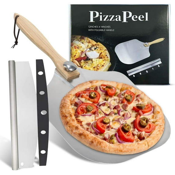 Pizza Peel with Metal Spatula, 12 x 14 inch Paddle, Pizza Stone with Foldable Handle