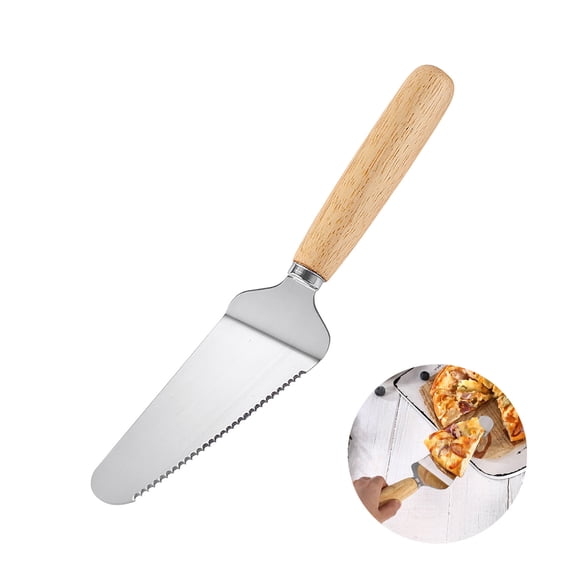 Pizza Peel with Wooden Handle, Pizza Shovel,10.6" Stainless Steel Serrated Cake Server Spatula, Multi-Purpose Baking Tool