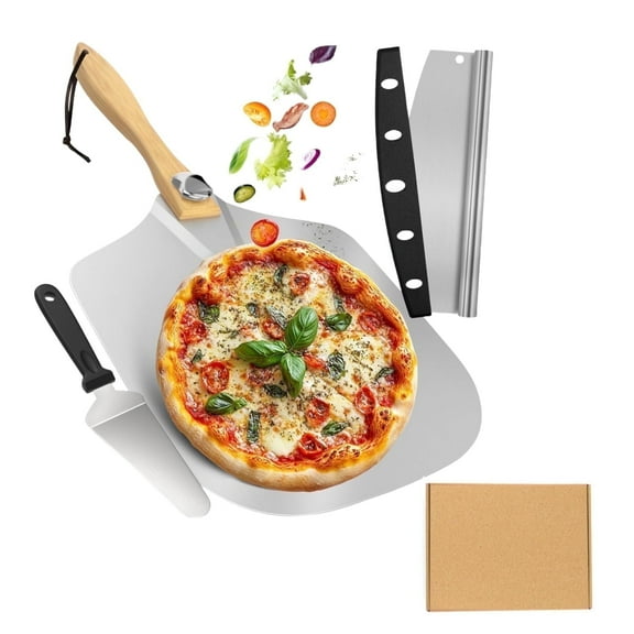 SINGOMON Pizza Peel Set, 12 x 14 Inch Metal Pizza Peel with Foldable Wooden Handle, Pizza Cutter, Pizza Server, Pizza Oven Accessories for Baking Homemade Pizza Bread
