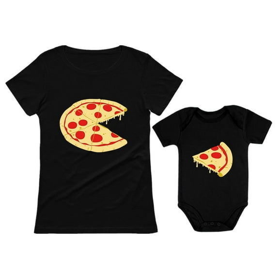 Pizza Pie & Slice Baby Bodysuit & Women's T-Shirt Matching Set Mom & Baby Set Mom Black Medium / Baby Black NB (0-3M)