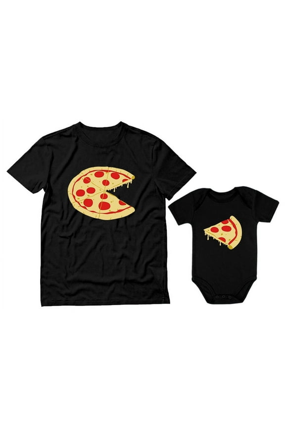 Pizza Pie & Slice Dad & Baby Set Baby Bodysuit & Men's T-Shirt Shower Gift Dad Black Large / Baby Black Newborn (0-3M)