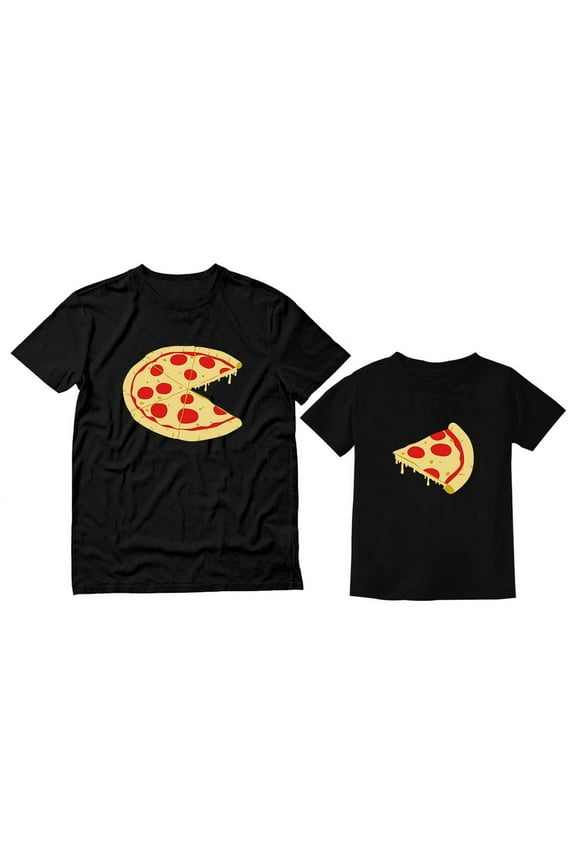 Pizza Pie & Slice Toddler & Men's T-Shirt Matching Set Dad & Son Daughter Set Dad Black Medium / Toddler Black 4T
