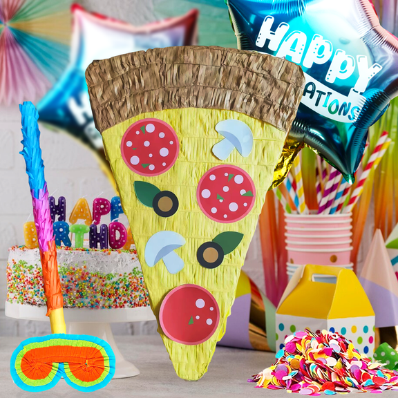 Pizza Pinata Party Set with Buster Stick, Blindfold, Confetti and 2 Balloons, Birthday Party Game Decoration