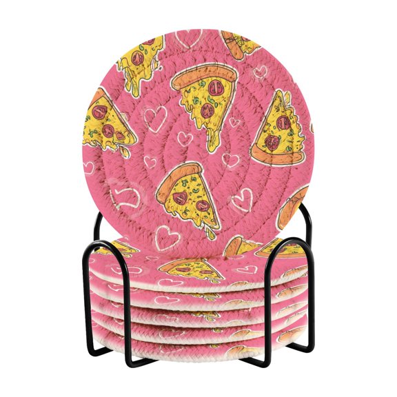 Pizza Pink Love Pattern Bar Coasters 6 Pack Braided Coasters with Holder Absorbent Heat Resistant