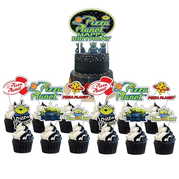 Pizza Planet Aliens Cake Topper Cupcake Set Themed Birthday Party Supplies Decoration Decor Kit