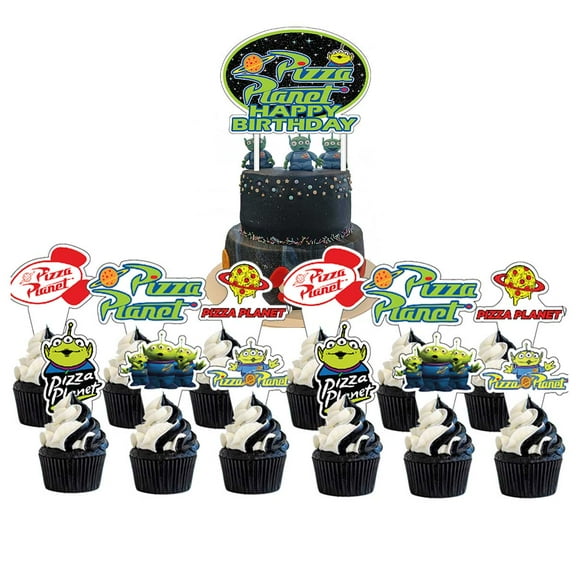 Pizza Planet Aliens Cake Topper CupcakeS Set Birthday Party Supplies Decoration Decor Kit
