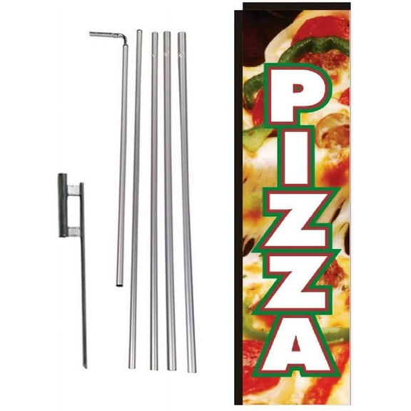 Pizza Rectangle Feather Banner Flag with Pole Kit and Ground Spike for Restaurants, Markets, Business Owners