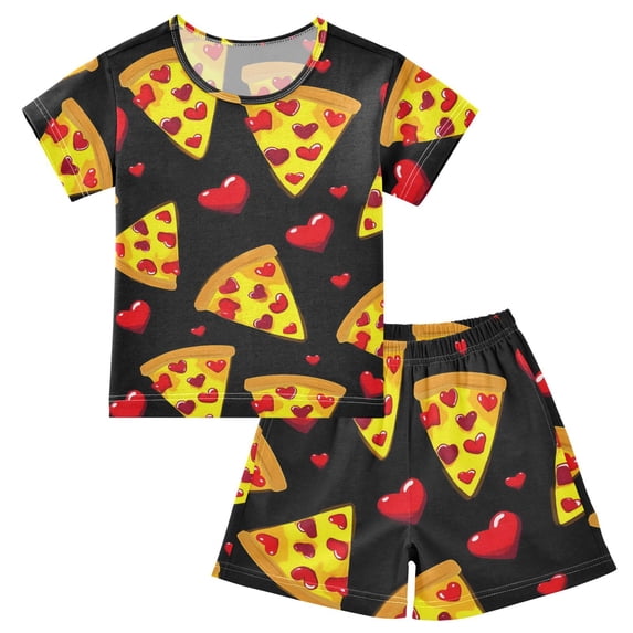 Pizza Red Heart Pattern Summer Pajama Set Soft Cotton Short Sleeve Sleepwear 2PCS Pajama Sets Breathable Lounge Set Size 14Y