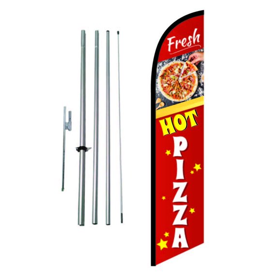 Pizza Restaurant Swooper Flag Sign, 12ft Feather Banner with 15ft Pole and Ground Mount, Red