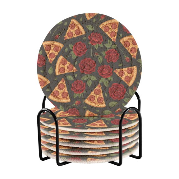 Pizza Rose Flower Pattern Bar Coasters 6 Pack Braided Coasters with Holder Absorbent Heat Resistant