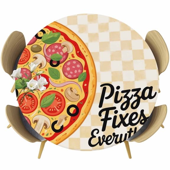 Pizza Round Tablecloth 45-54 Inch Round Fitted Table Cloth with Elastic Edge, Watercolor Yellow Plaid Checkered Waterproof Table Cover Protector for Outdoor Picnic Party Dining