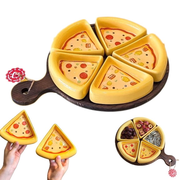 Pizza Serving Board with Ceramic Pizza Slice Shaped Plates and Wooden Base Ideal for Serving Snacks at Parties and Gatherings Multiple Sizes Available