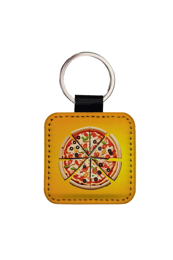 Pizza Sliced Faux Leather Square Keychain