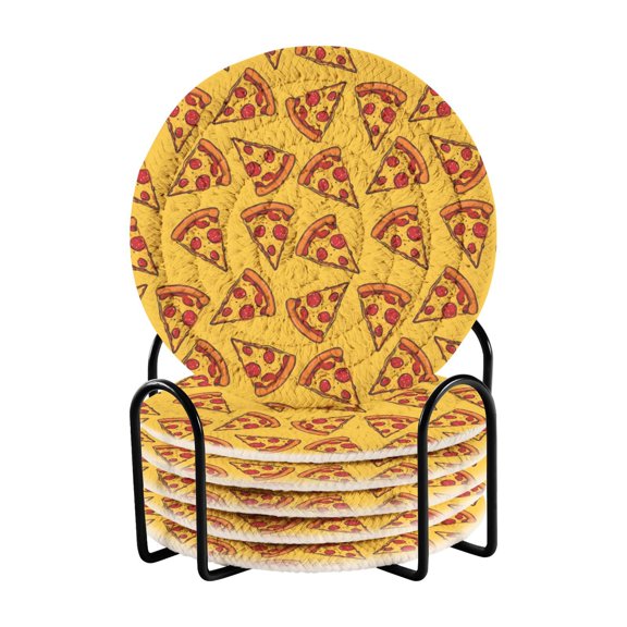 Pizza Slices with Pepperoni Pattern Bar Coasters 6 Pack Braided Coasters with Holder Absorbent Heat Resistant