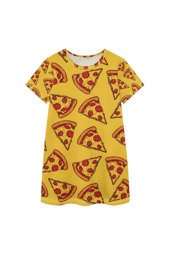 Pizza Slices with Pepperoni Pattern Girls' Casual Dresses Short Sleeve Cotton Dress for School Daily Wear 5-6Y