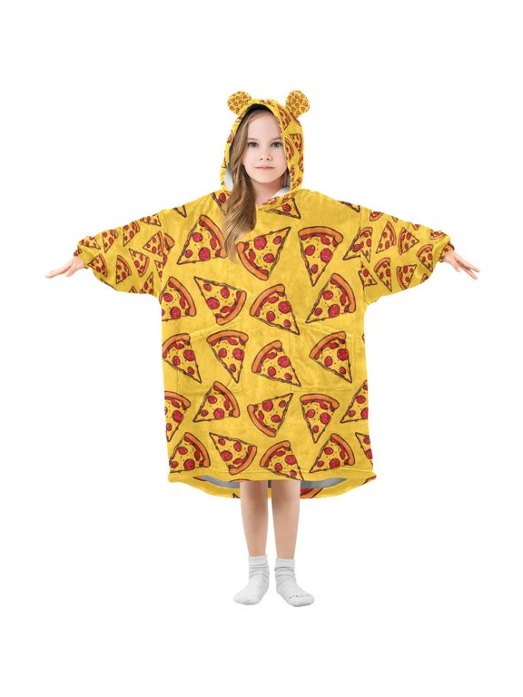 Pizza Slices with Pepperoni Pattern Wearable Blanket Hoodie Oversized Flannel Soft Warm Cozy 3-14 Age Small