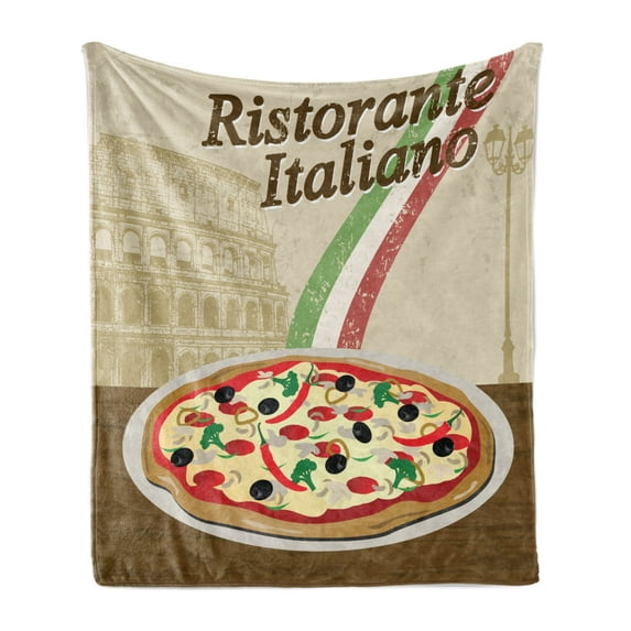 Pizza Soft Flannel Fleece Blanket, Ristorante Italiano Concept with Vintage Grunge Style Print with Pizza and Collosseum, Cozy Plush for Indoor and Outdoor Use, 70" x 90", Multicolor, by Ambesonne