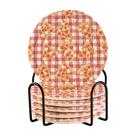 Pizza Squares Pattern Bar Coasters 6 Pack Braided Coasters with Holder Absorbent Heat Resistant