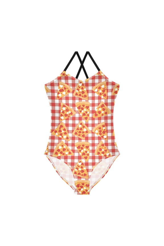 Pizza Squares Pattern Girls' One-Piece Swimwear 3T-10T Soft Stretchy for Beach Pool Water Park