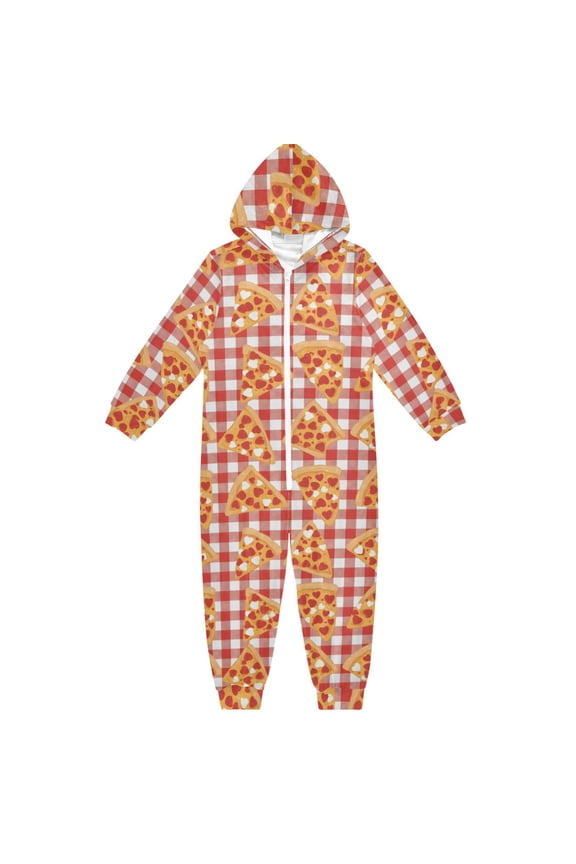 Pizza Squares Pattern One Piece Pajamas Soft Jumpsuit Cozy Sleep and Play Romper Zipper and Pockets 9Y-11Y